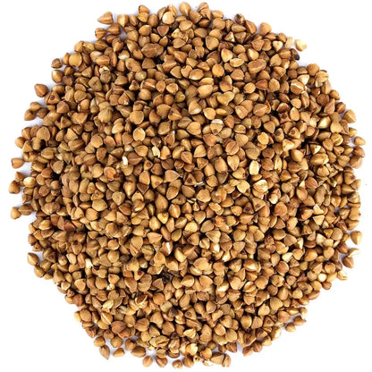 Organic roasted buckwheat from Whole Food Earth, showing toasted grains in a bowl for healthy gluten-free cooking.