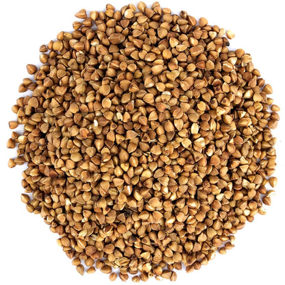 Organic roasted buckwheat from Whole Food Earth, showing a bowl of toasted buckwheat groats on a wooden surface.