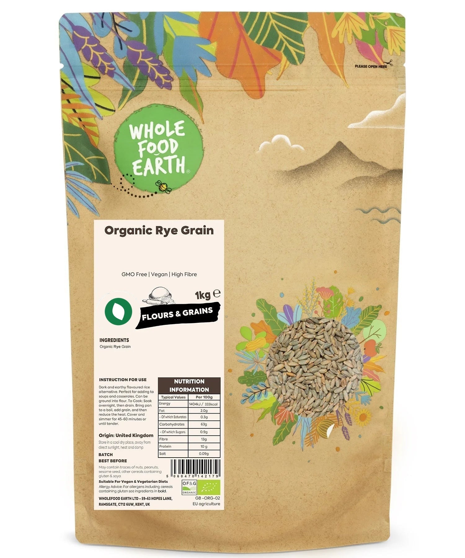 Organic rye grain from Whole Food Earth, GMO-free, showing a close-up of whole rye kernels for baking and cooking.