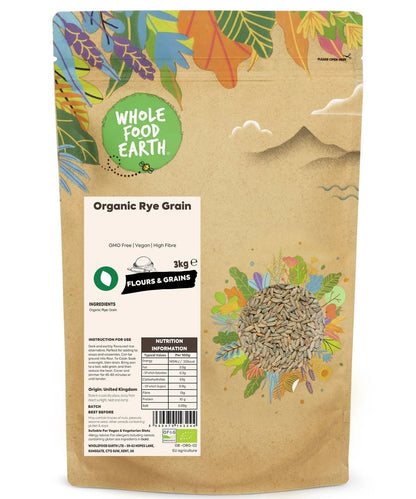 Organic rye grain from Whole Food Earth, GMO-free, showing whole, unprocessed rye kernels for baking and cooking.