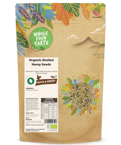 Raw organic shelled hemp seeds from Whole Food Earth, showing small, beige nut-like seeds in a close-up view.
