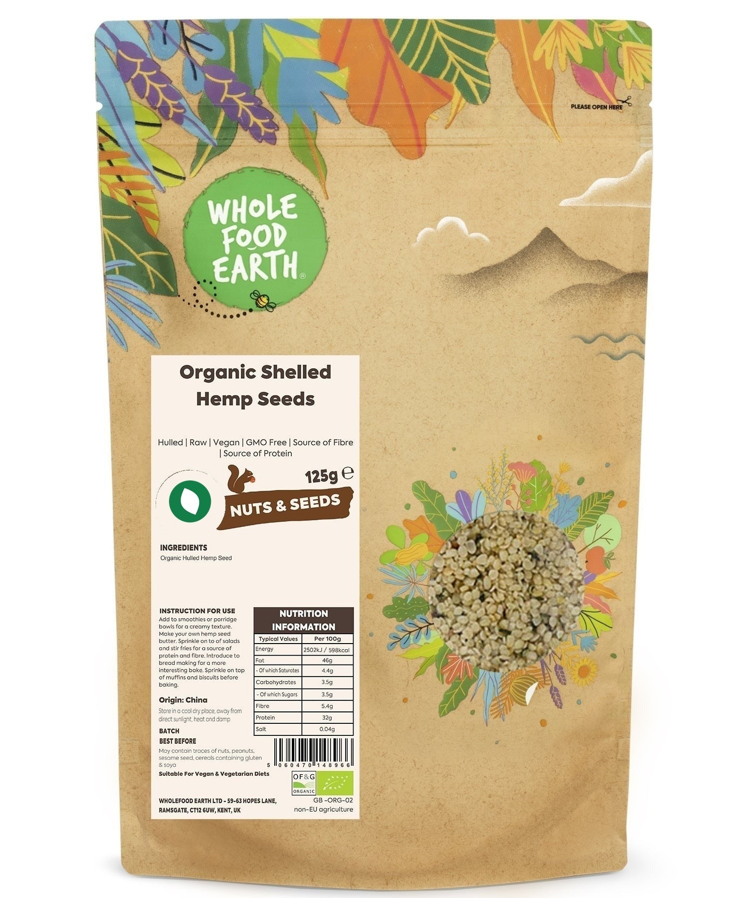 Organic shelled hemp seeds from Whole Food Earth, raw hemp seeds in a clear bowl, showcasing their small, greenish seeds and natural texture.