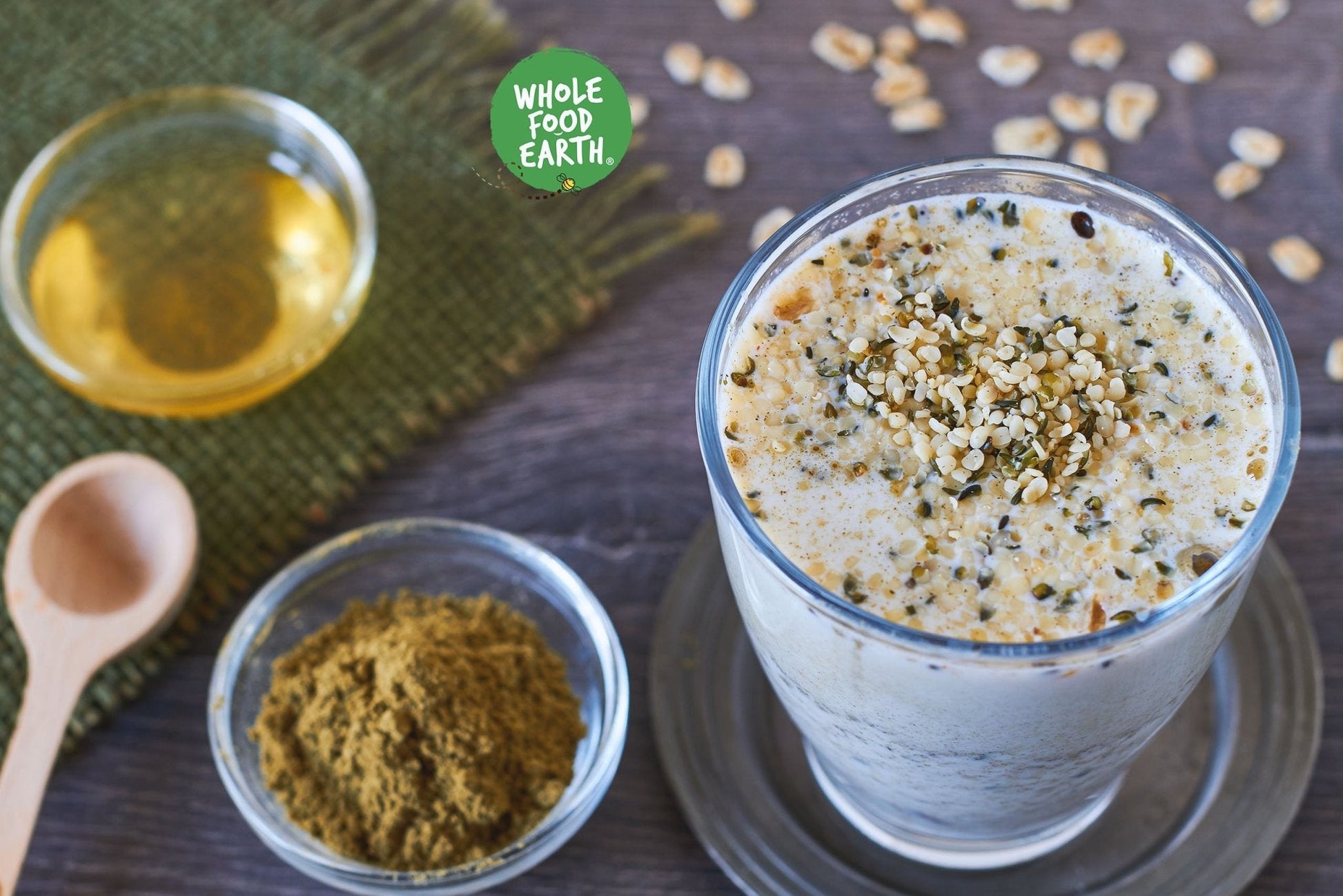 Raw organic shelled hemp seeds from Whole Food Earth, showing small, light-colored, hulled hemp seeds in a natural cluster.
