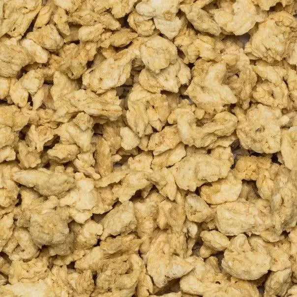 Organic Soya Chunks from Whole Food Earth, GMO-free rice and couscous product, showing dried soy chunks in a natural setting.