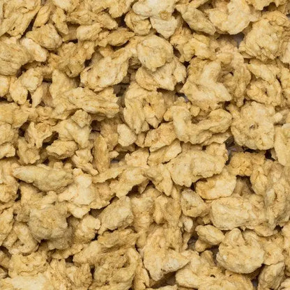 Organic Soya Chunks from Whole Food Earth, GMO-free rice and couscous product, showing dried soy chunks in a natural setting.