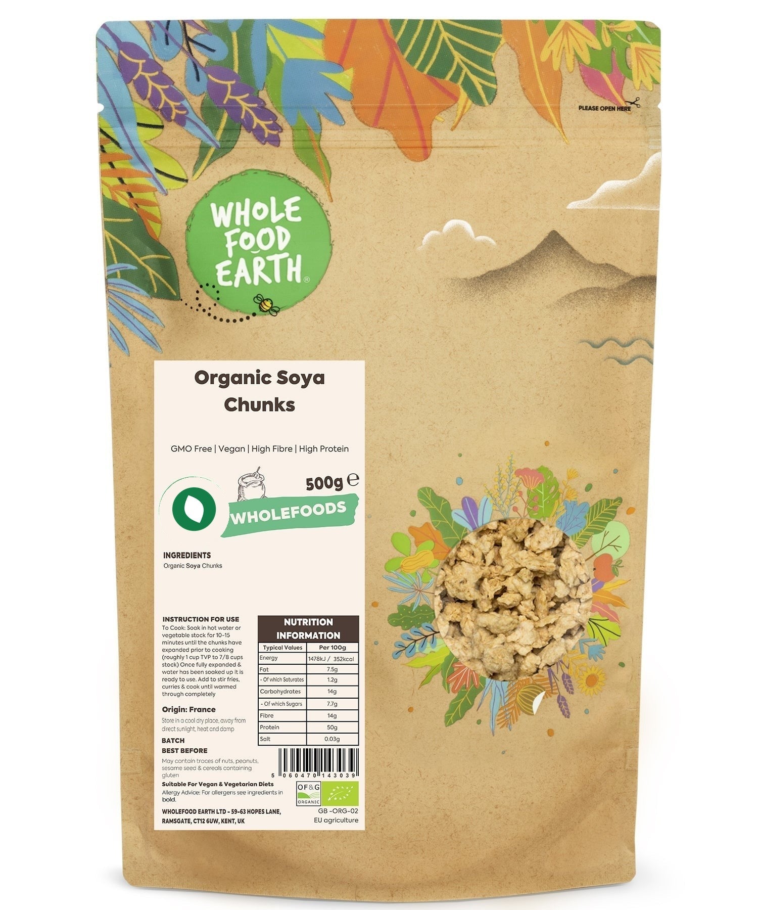 Organic soya chunks from Whole Food Earth, GMO-free rice and couscous substitute, showing dried soy pieces in a bowl.