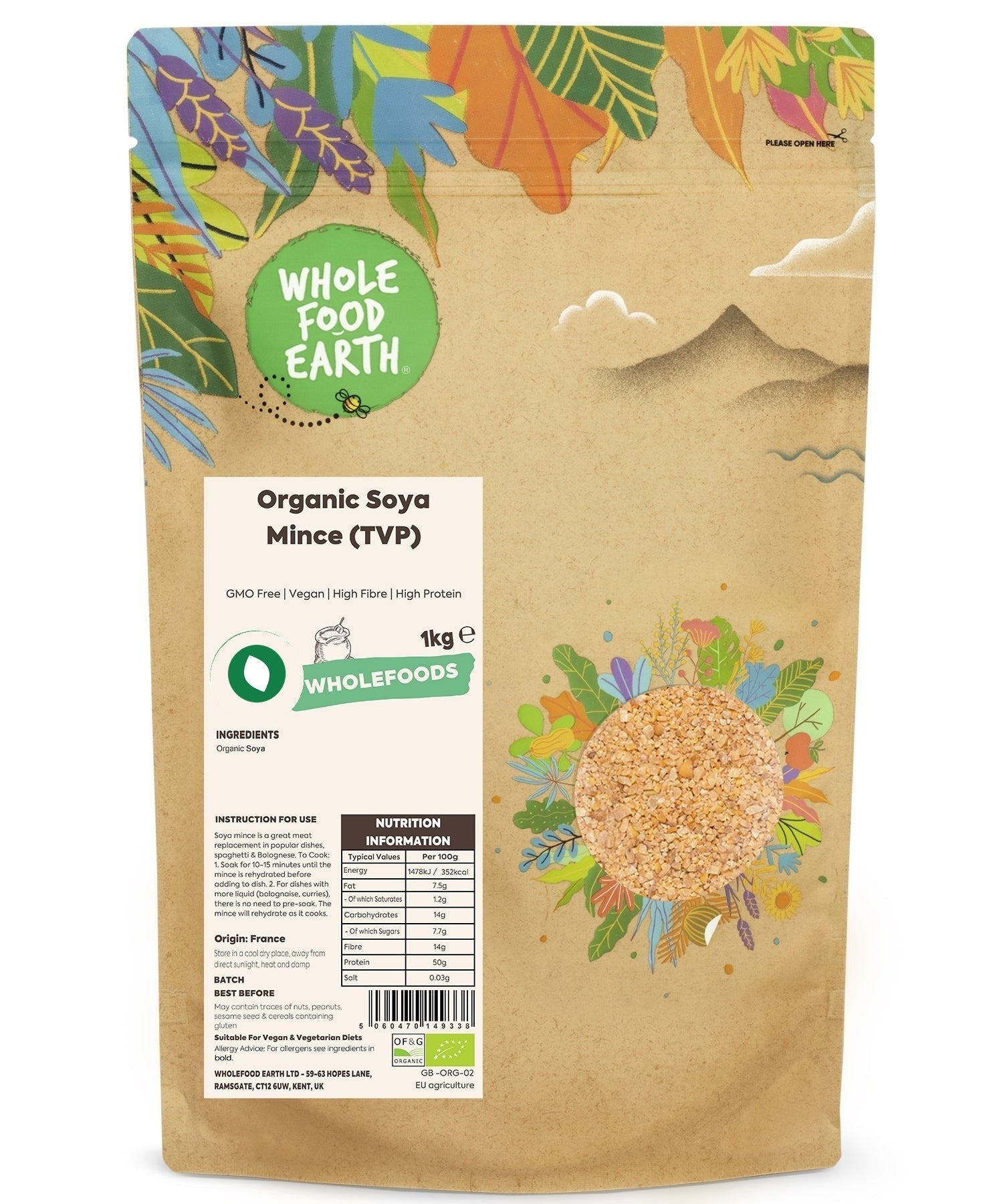 Organic Soya Mince TVP from Whole Food Earth, GMO-free, in rice and couscous style packaging, showing the product in its natural form.