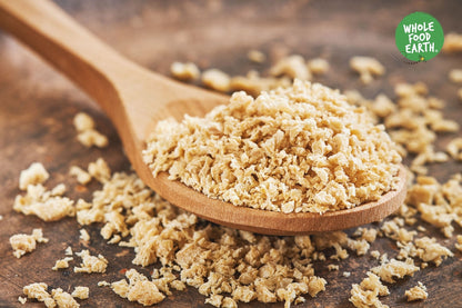 Organic Soya Mince (TVP) from Whole Food Earth, non-GMO vegan soy protein, displayed in a resealable bag.