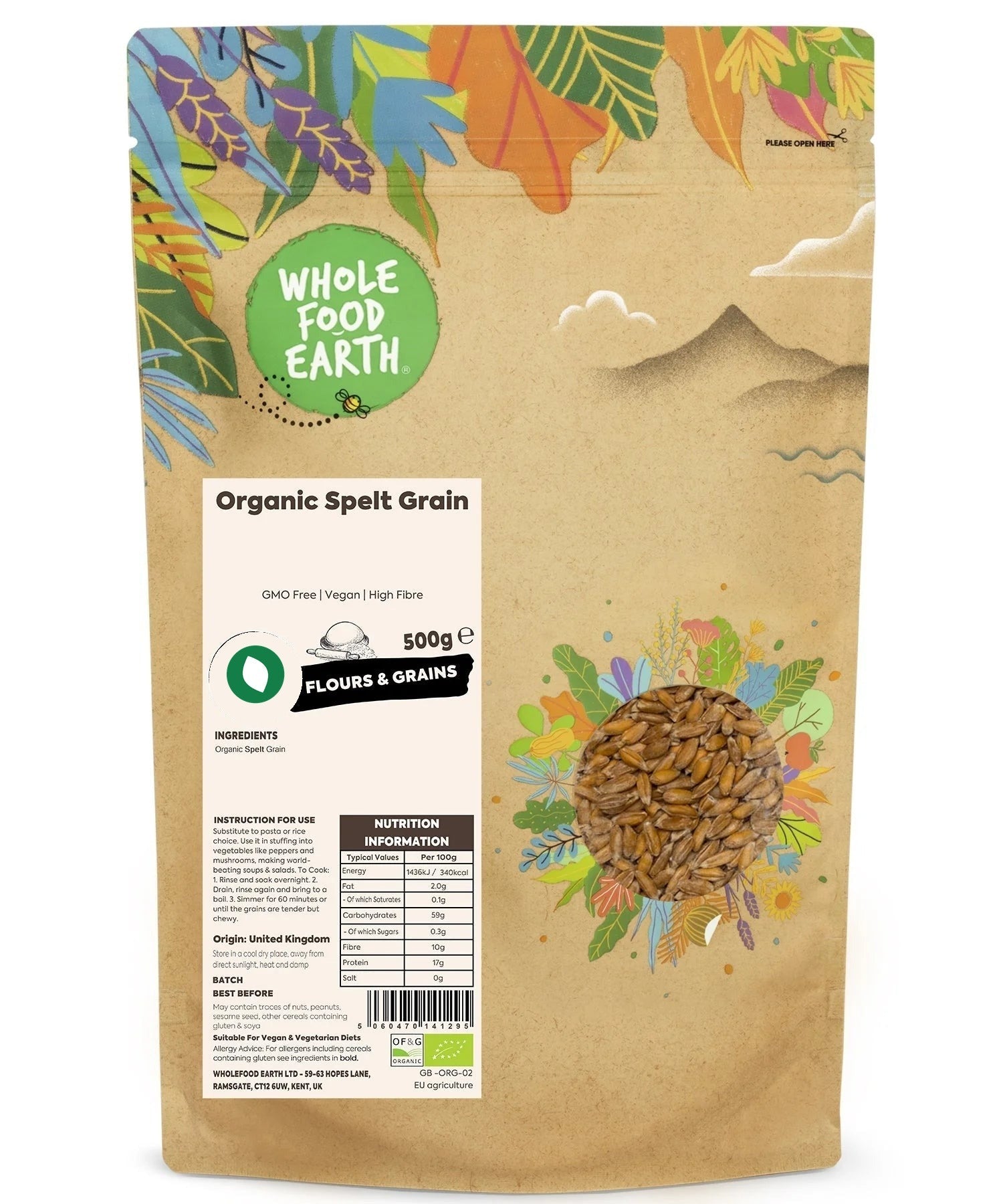 Organic spelt grain from Whole Food Earth, showing whole, unprocessed GMO-free spelt grains in a natural state.