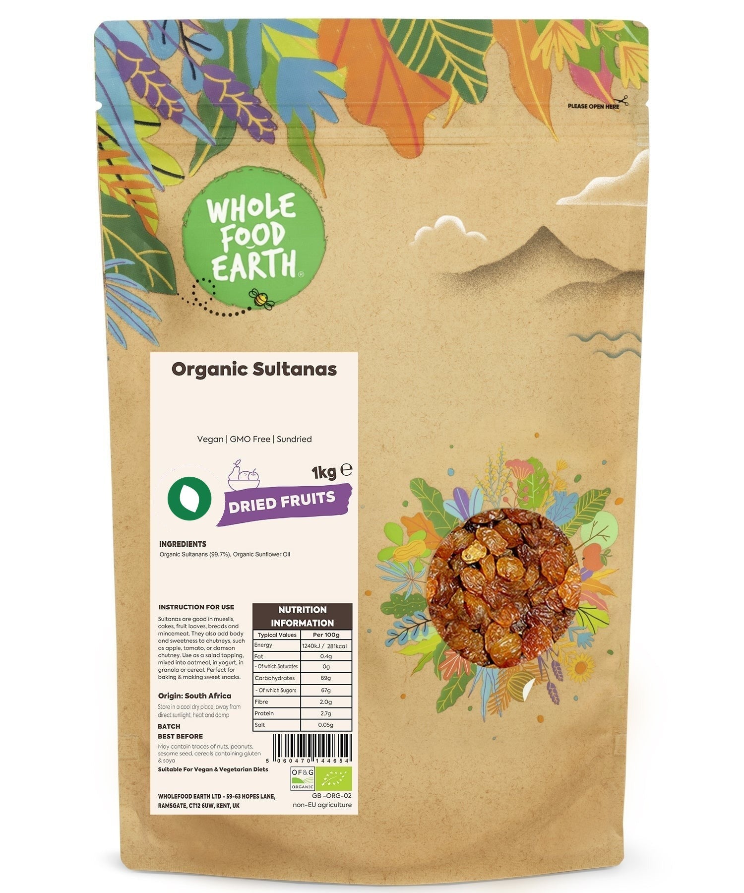 Organic sultanas from Whole Food Earth, dried fruit with plump golden raisins, vegan and GMO-free, shown in a close-up image.