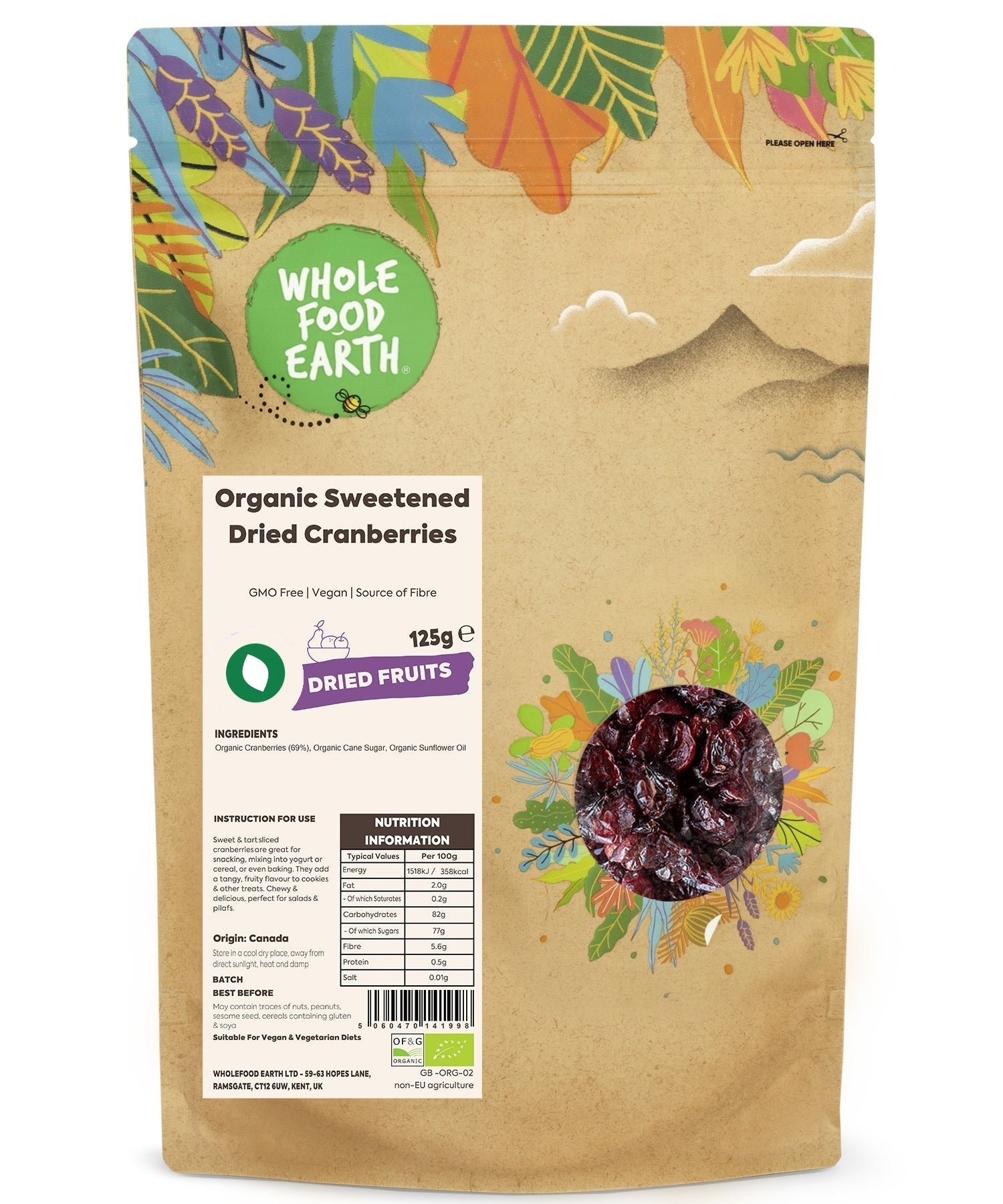 Organic sweetened dried cranberries from Whole Food Earth, close-up of glossy, ruby-red dried fruits on a white background.