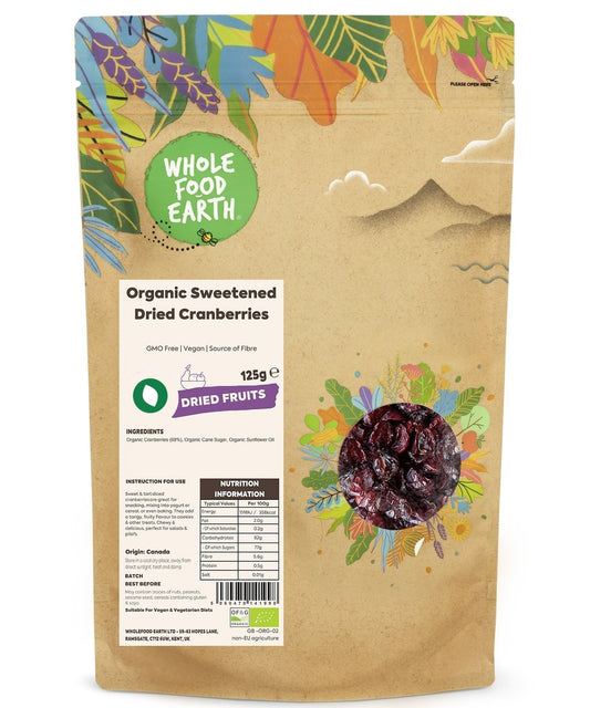 Whole dried organic sweetened cranberries from ArtisanBox, showing vibrant red, wrinkled berries in a natural close-up shot.