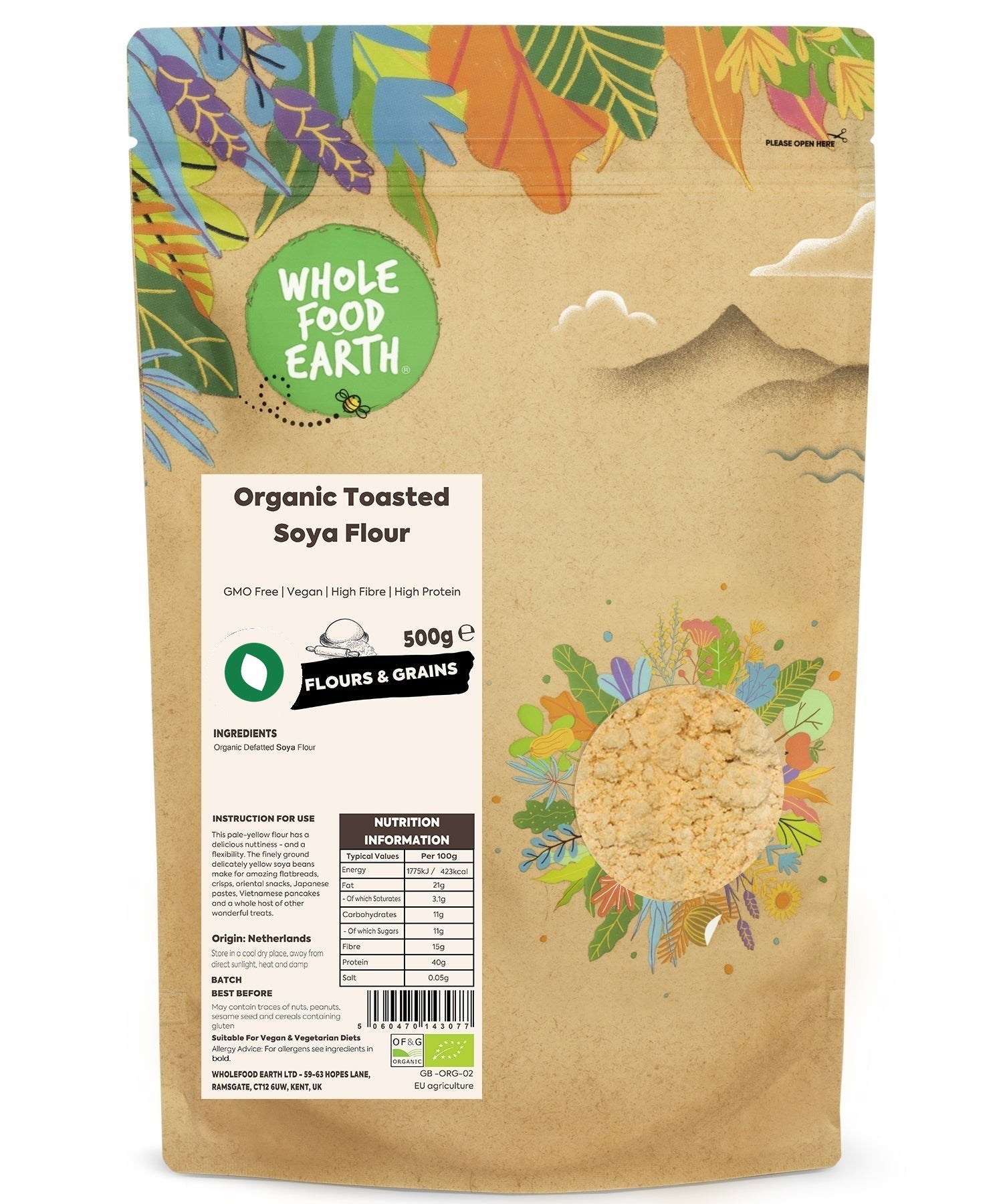 Organic toasted soya flour from Whole Food Earth, GMO-free, shown in a close-up image of the flour in a bowl.