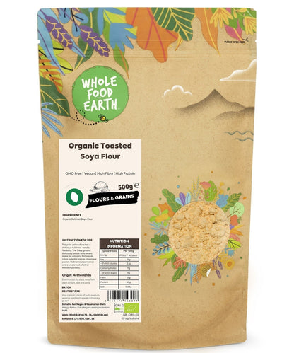Organic toasted soya flour from Whole Food Earth, GMO-free, shown in a close-up image of the flour in a bowl.