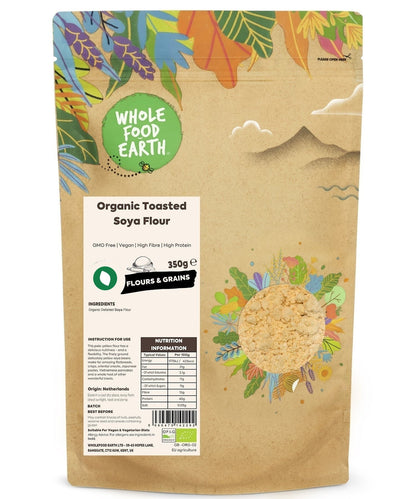 Organic toasted soya flour from Whole Food Earth, GMO-free, in a clear bag showing the golden toasted soy grains.