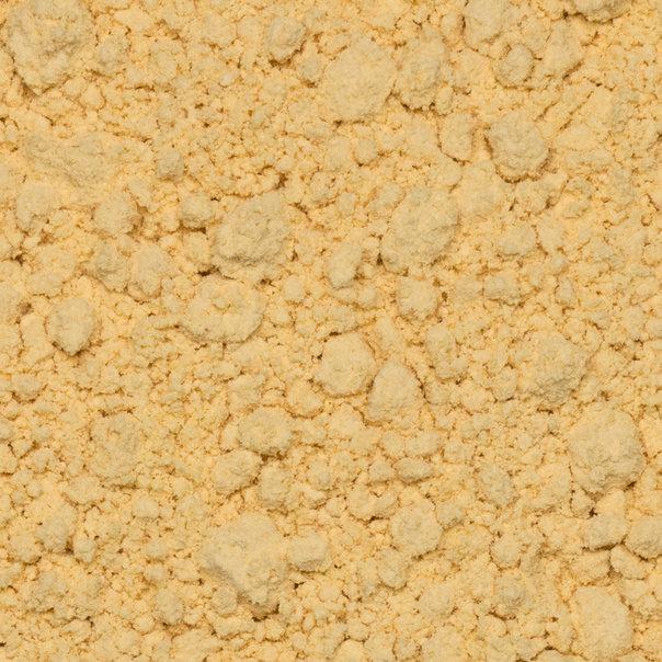 Organic toasted soya flour from Whole Food Earth, showcasing a close-up of the GMO-free, light brown soy flour in a bowl.