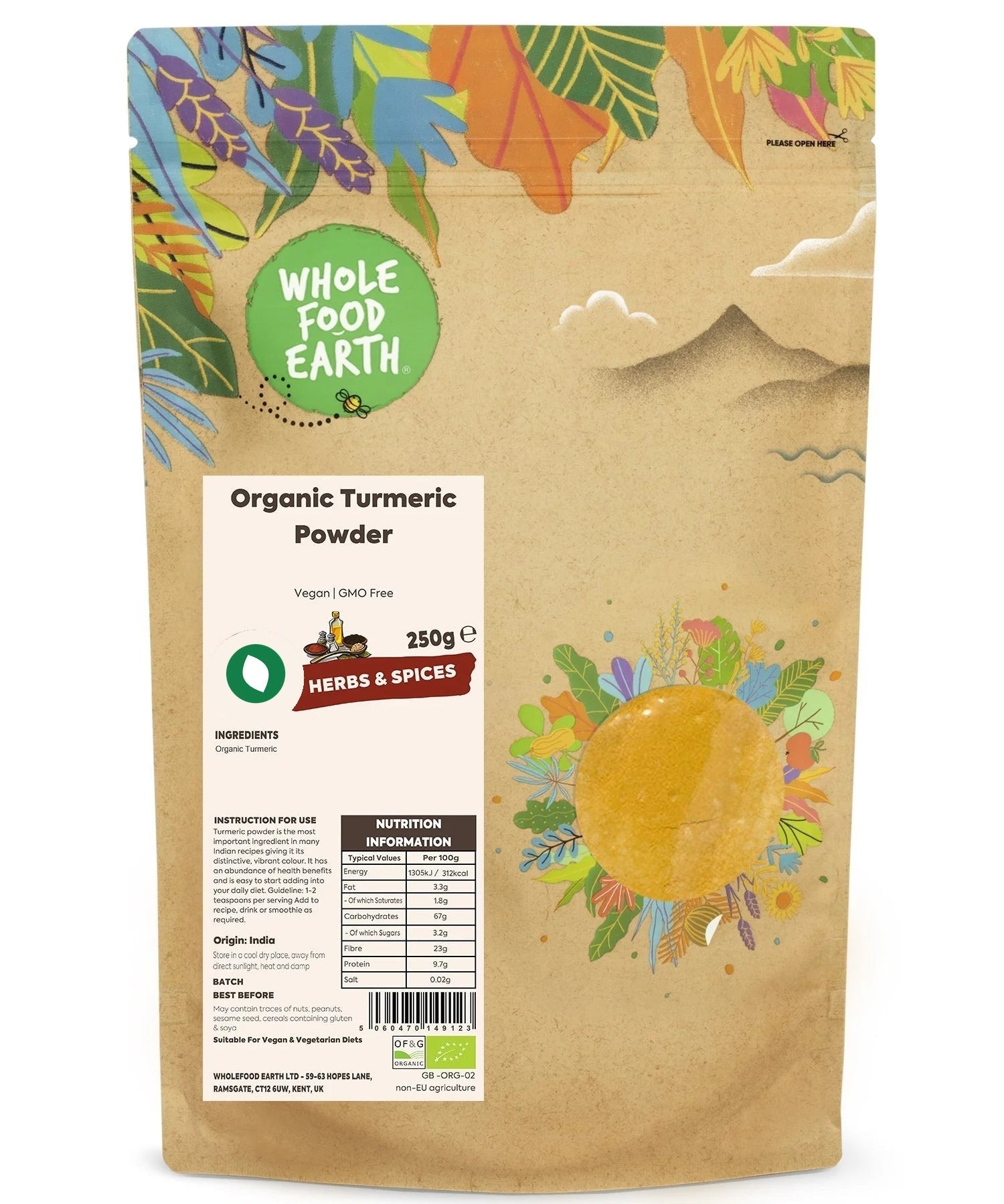 Organic turmeric powder from Whole Food Earth in a clear container, showcasing bright yellow spice with a natural, vibrant appearance.