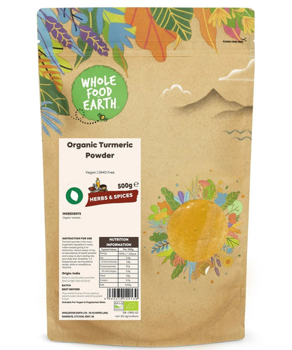 Organic turmeric powder by Whole Food Earth, herbal spice in a clear jar, vibrant bright orange-yellow color, vegan and GMO-free.