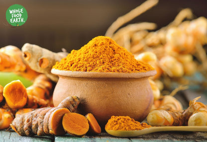Organic turmeric powder from Whole Food Earth, a vibrant, rich yellow herb and spice perfect for cooking and health benefits.
