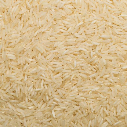 Organic White Basmati Rice from Whole Food Earth, GMO-free, in a clear bag showing long, slender rice grains for cooking.