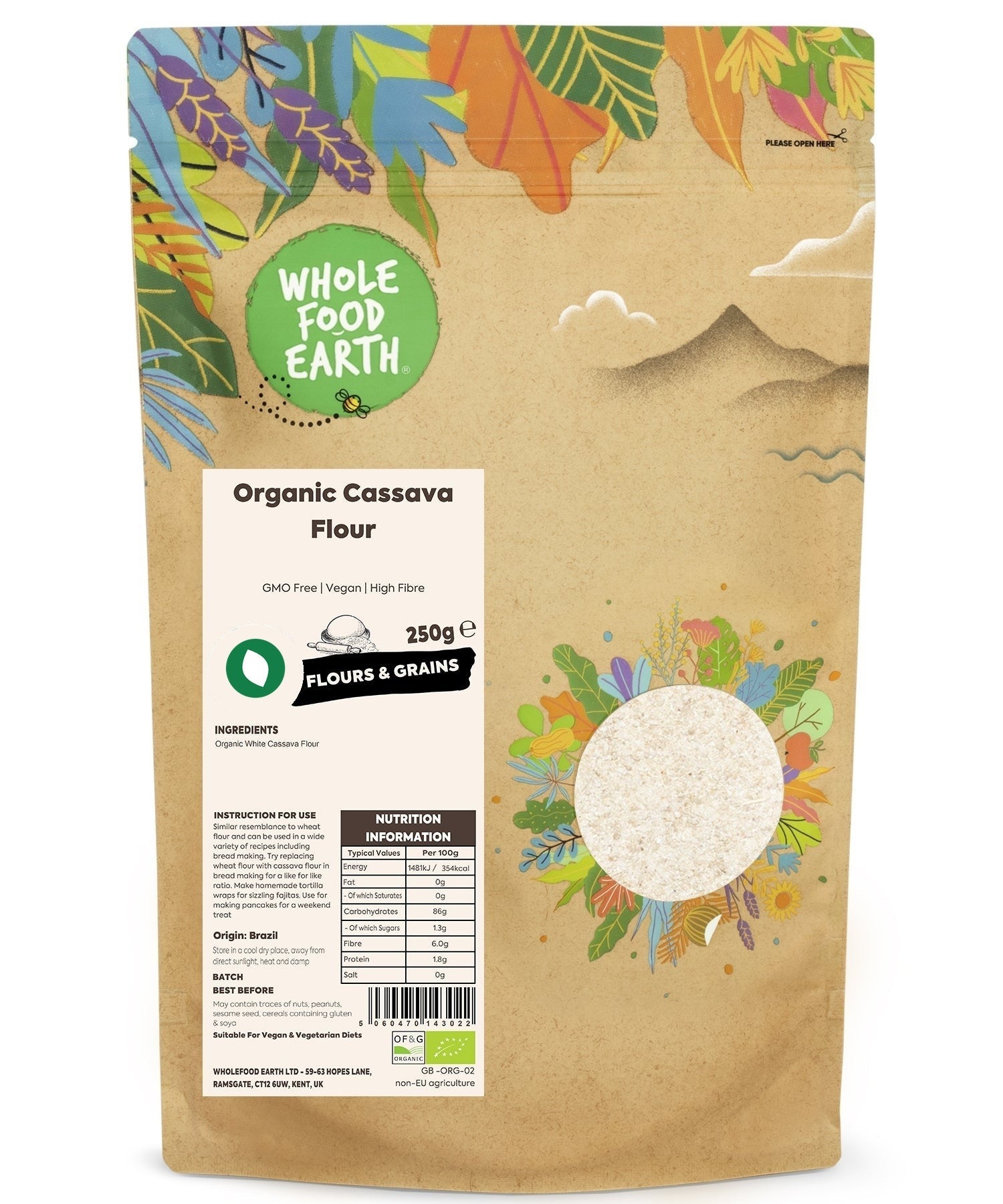 Organic white cassava flour from Whole Food Earth, showing a bag of gluten-free, low-GI flour on a wooden surface.