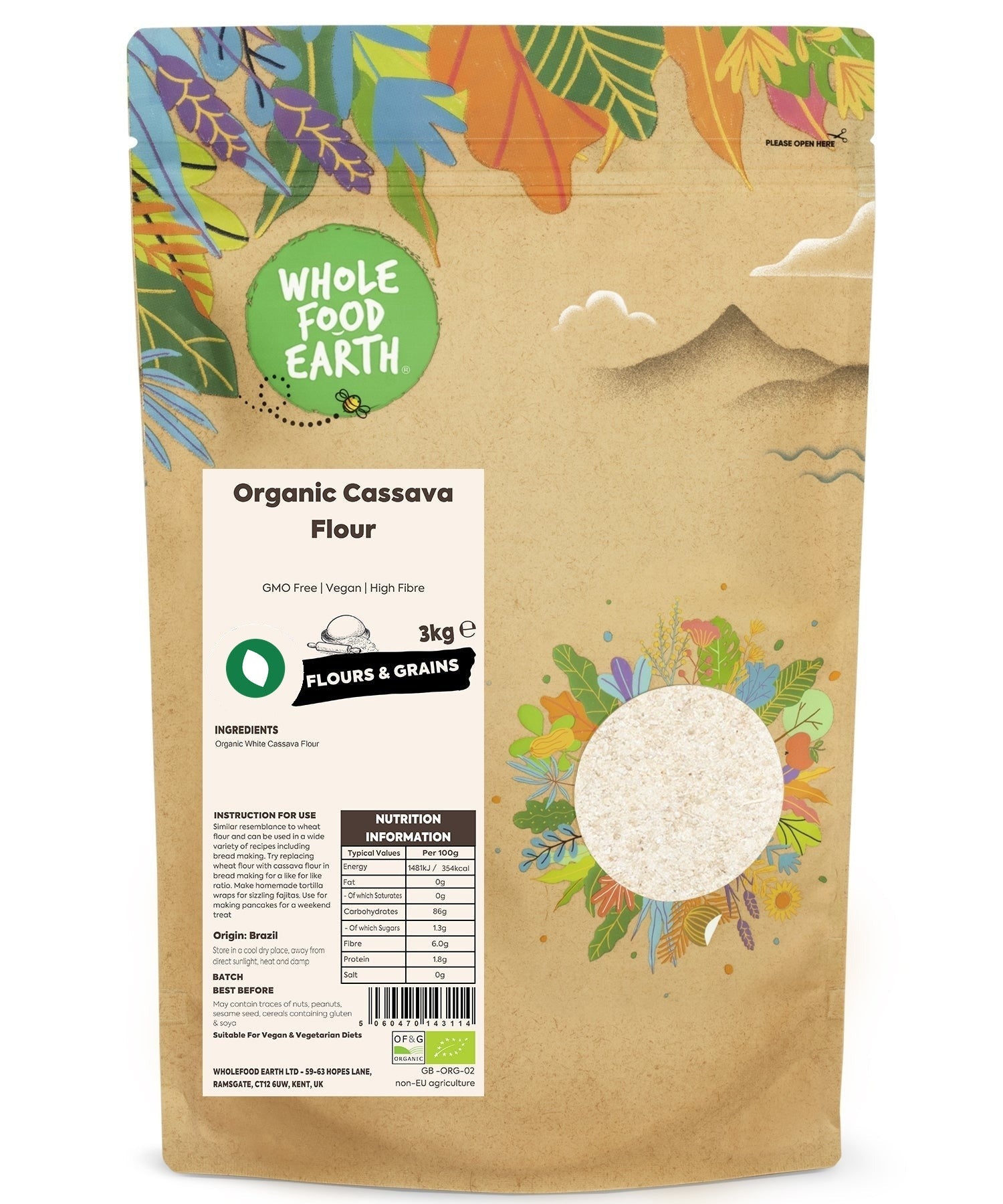 Organic White Cassava Flour from Whole Food Earth, showing a bag of gluten-free, low-GI cassava flour in a natural setting.