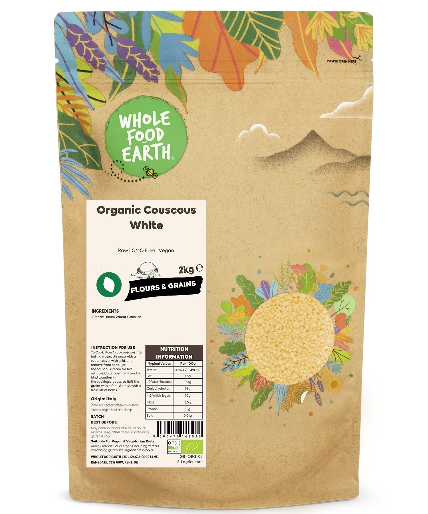 Raw organic white couscous from Whole Food Earth, a GMO-free flour and grain product, shown in a close-up image.