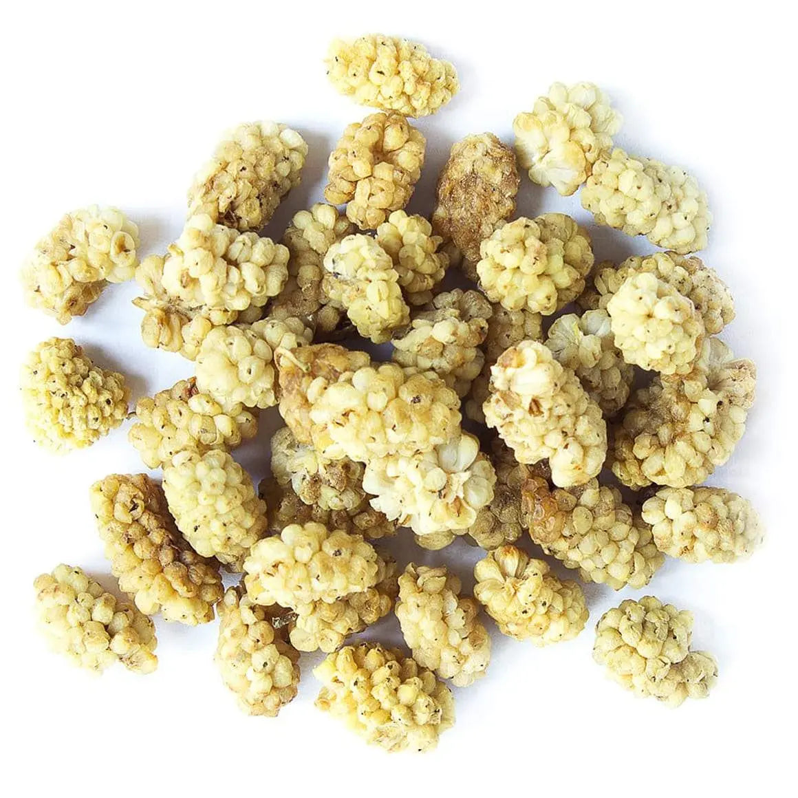 Dried organic white mulberries from Whole Food Earth, GMO-free and sun-dried, shown in a natural close-up image.
