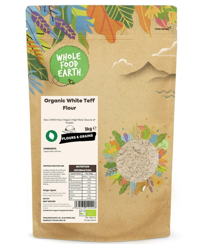 Organic White Teff Flour from Whole Food Earth, gluten-free flour made from finely ground white teff grains.