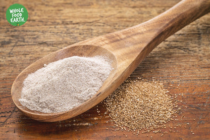 Organic White Teff Flour from Whole Food Earth, raw, GMO-free, vegan, low GI, in a clear bag showing fine white flour