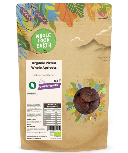 Organic Whole Food Earth dried apricots, pitted and whole, showcasing their vibrant orange color and natural texture.
