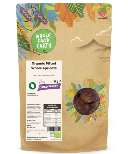 Organic dried whole apricots from Whole Food Earth, GMO-free, showing plump, pitted apricots ready for snacking or baking.