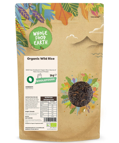 Raw organic wild rice from Whole Food Earth, showcasing long, dark grains ideal for vegan and GMO-free diets.