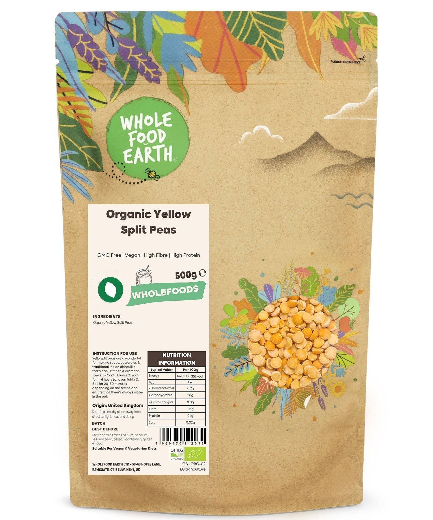 Organic yellow split peas from Whole Food Earth, GMO-free beans and pulses in a clear bag, ready for cooking or baking.