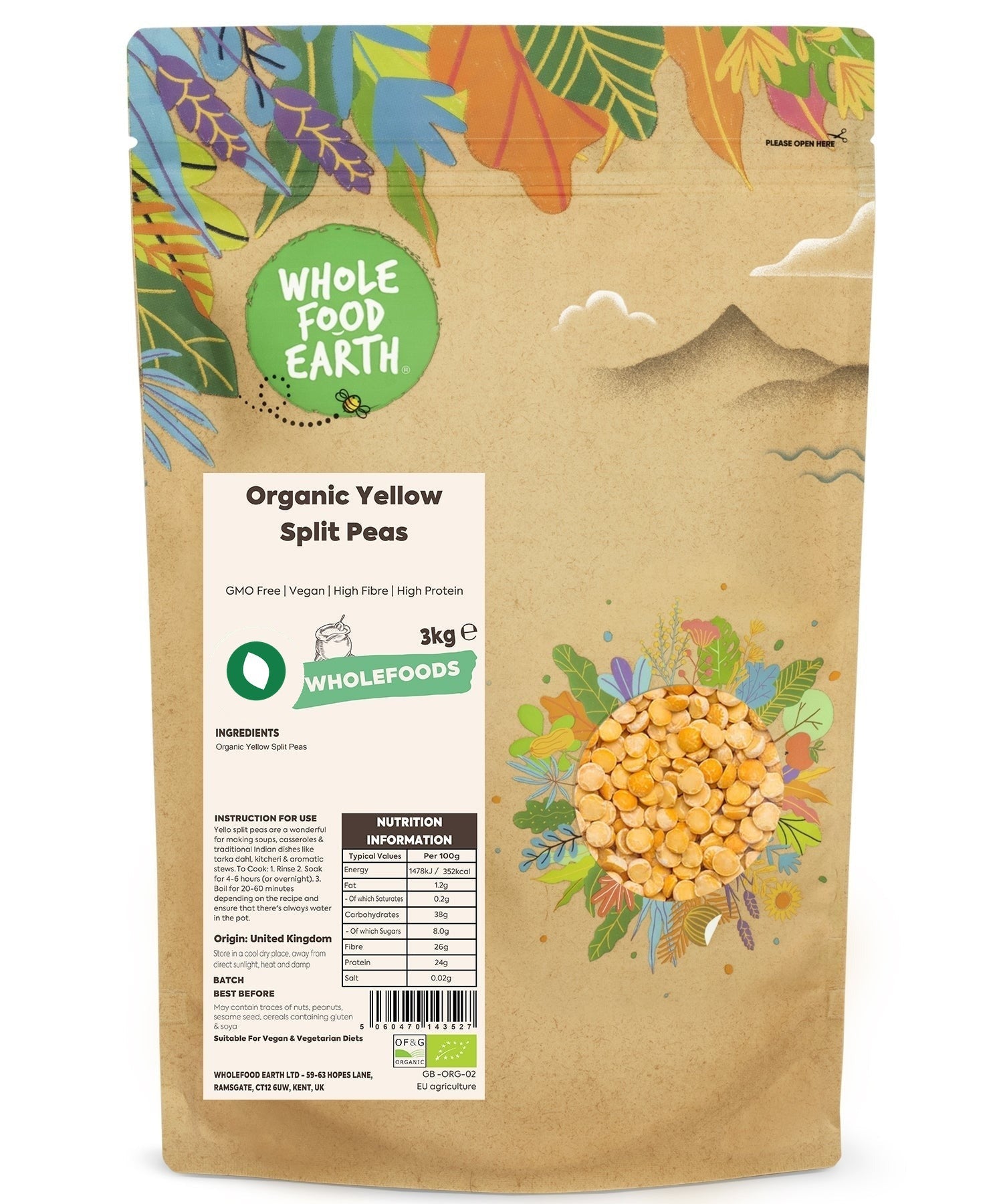 Organic yellow split peas from Whole Food Earth, showing a close-up of vibrant, dried beans in a natural setting.