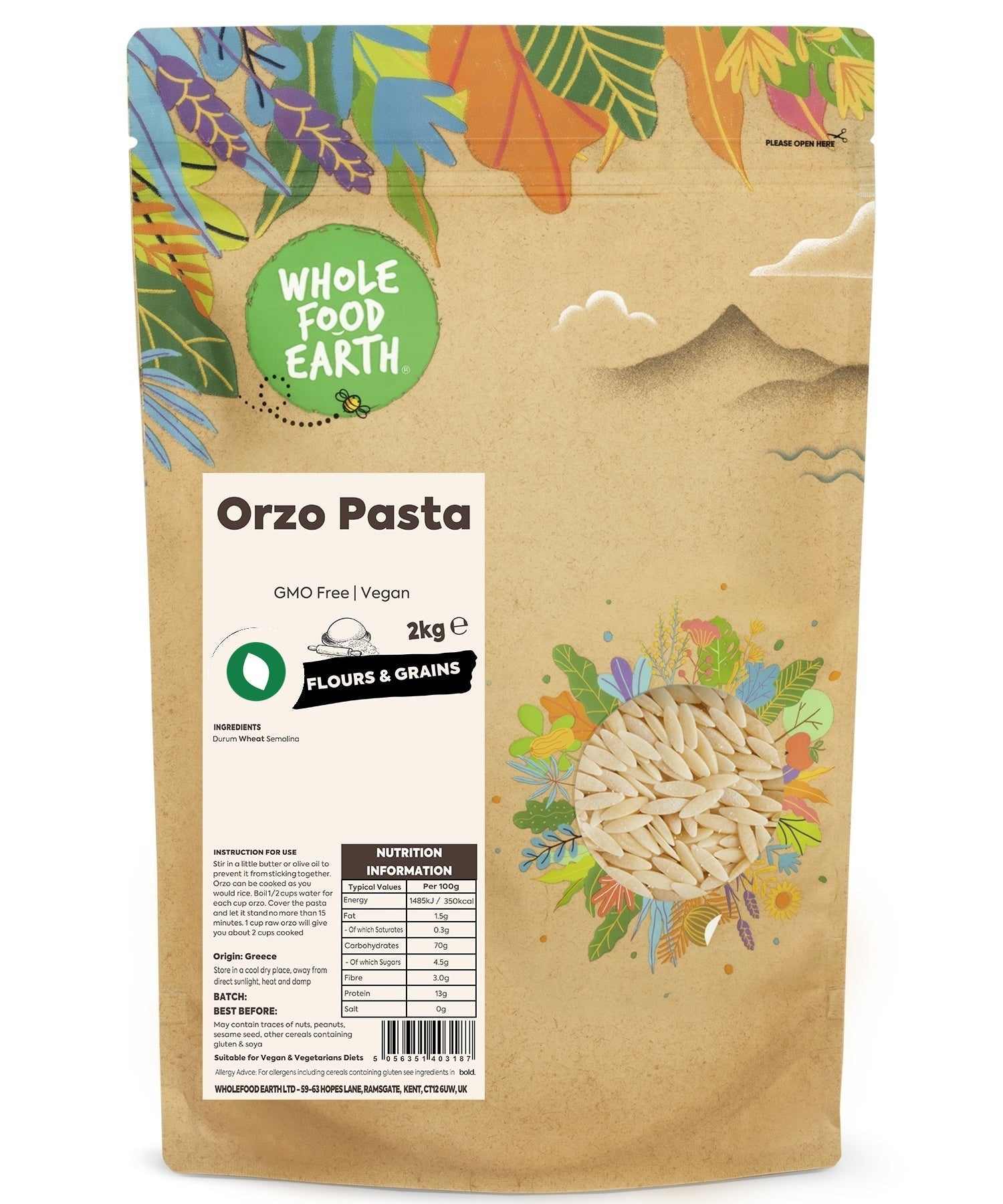 Whole Food Earth GMO-free vegan orzo pasta made from grains, displayed in a close-up shot showing its texture and shape.