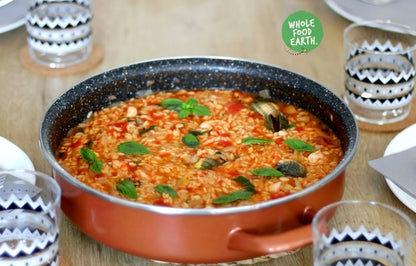 Whole Food Earth organic orzo pasta in a bowl, showcasing its small rice-shaped grains, GMO-free, vegan, and dairy-free.