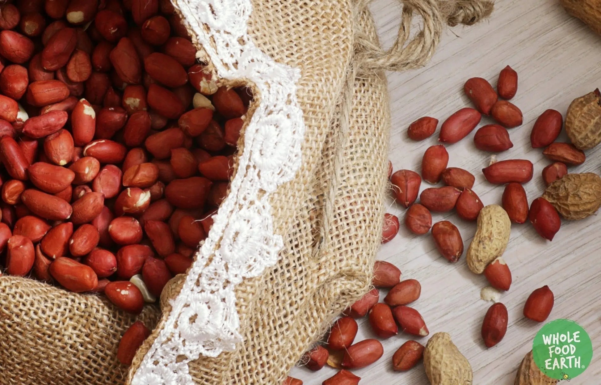 Whole Food Earth Pale Skin Peanuts in a bowl, natural, GMO-free, vegan nuts and seeds snack with no added sugar.