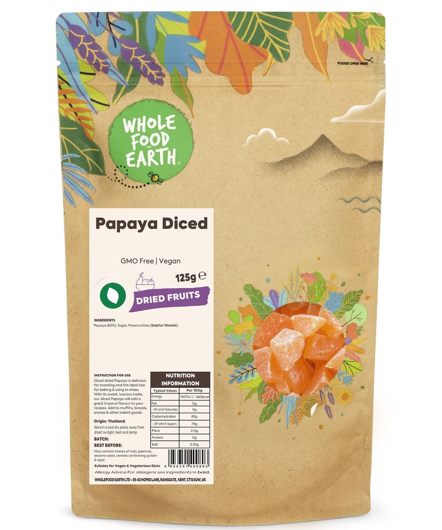 Dried diced papaya from Whole Food Earth, GMO-free vegan dried fruit with bright orange pieces in a clear container.