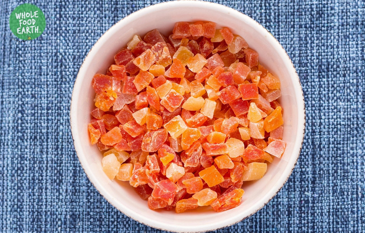 Dried diced papaya slices from Whole Food Earth, GMO-free, vegan, dairy-free dried fruit snack.