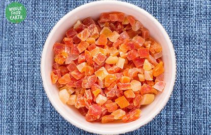 Dried diced papaya slices from Whole Food Earth, GMO-free, vegan, dairy-free dried fruit snack.