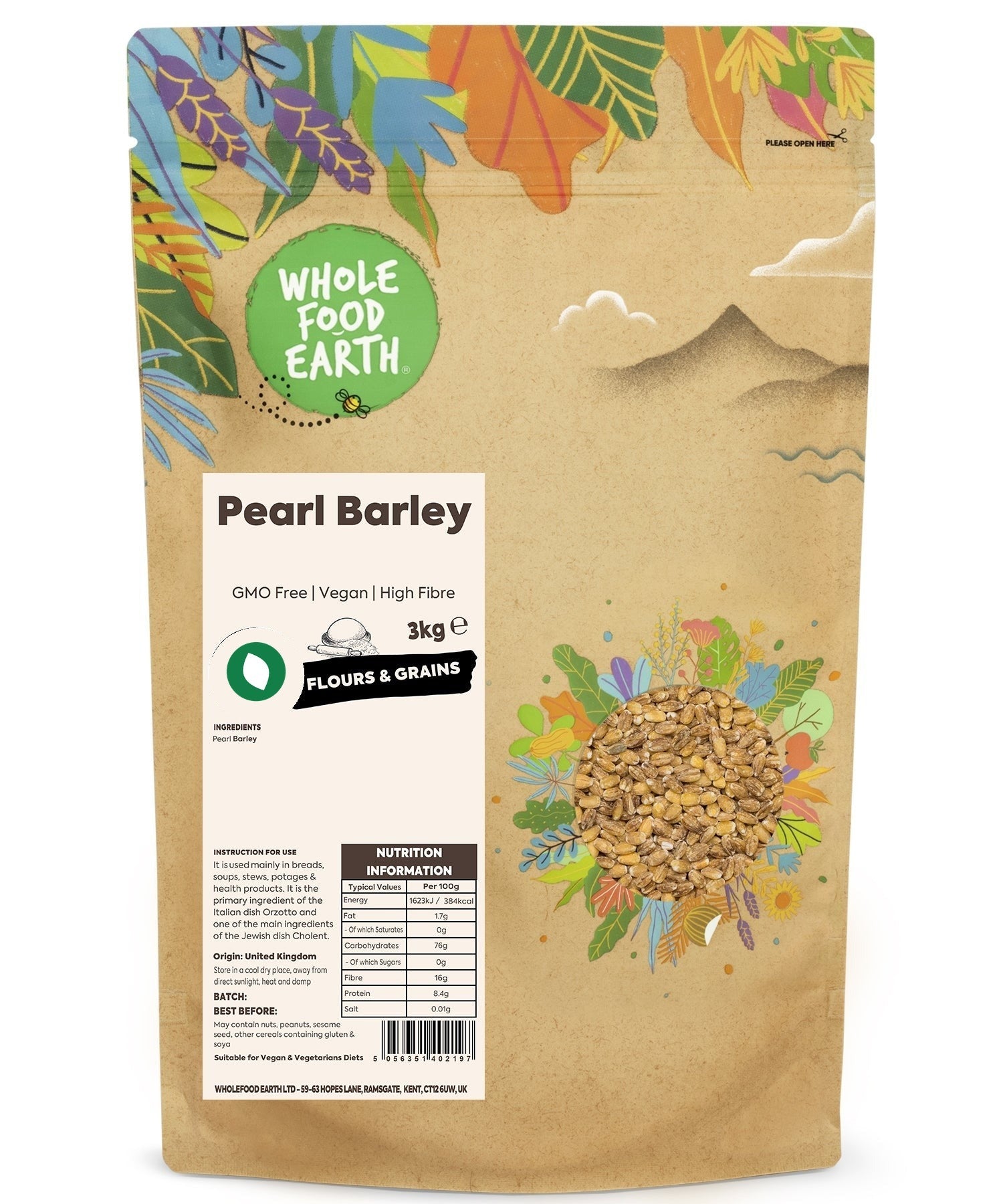 Whole Food Earth pearl barley in a bowl, showcasing GMO-free, vegan grains for healthy cooking and baking.
