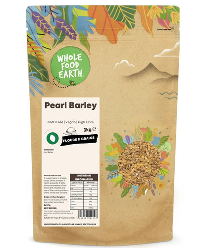 Whole Food Earth pearl barley in a bowl, showcasing GMO-free, vegan grains for healthy cooking and baking.