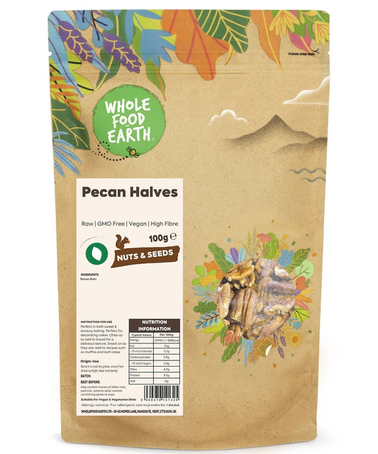 Raw pecan halves from Whole Food Earth, GMO-free nuts and seeds, shown in a close-up image highlighting their natural texture.