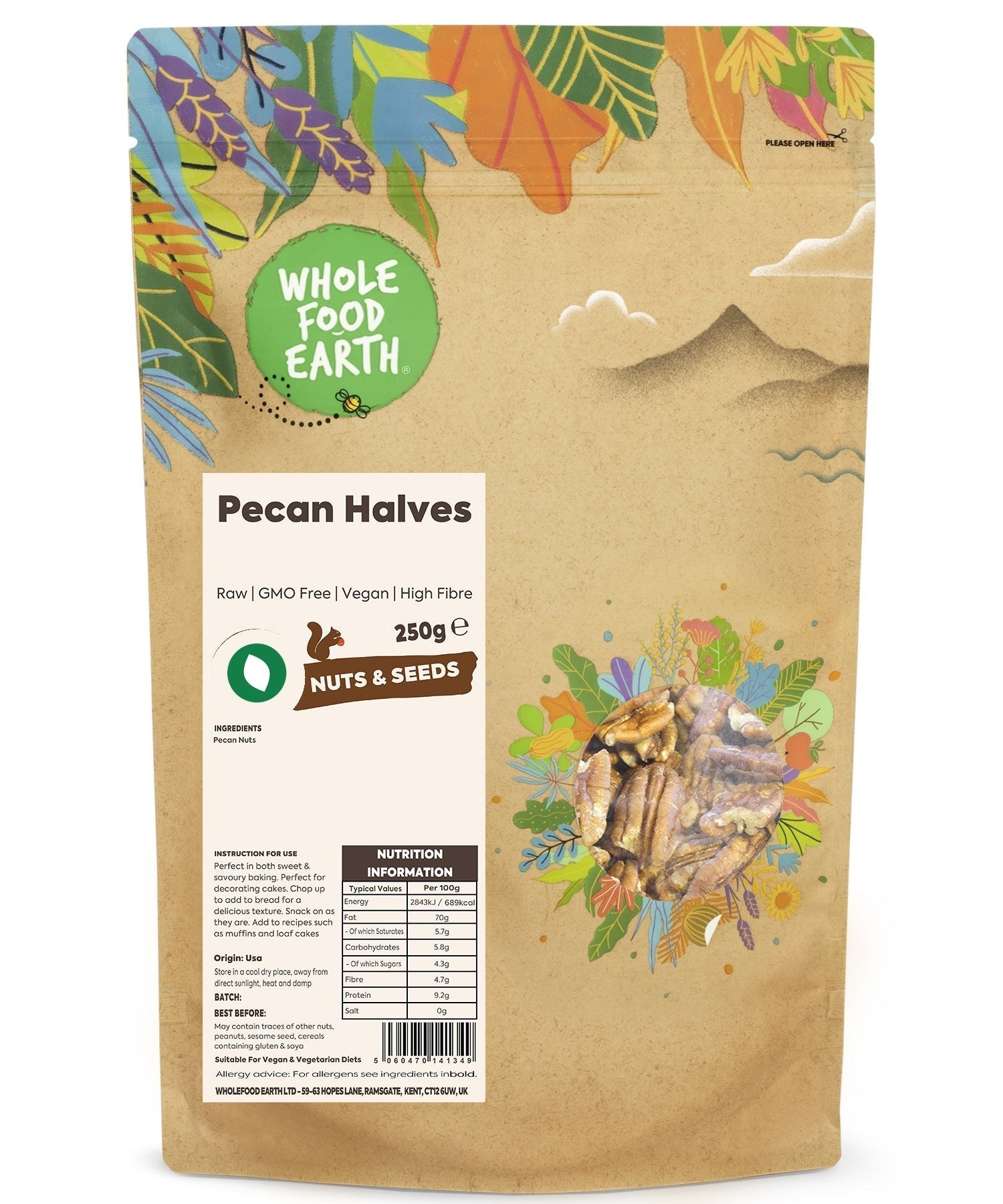 Raw Whole Food Earth pecan halves in a bowl, showcasing their natural, crunchy texture, GMO-free nuts and seeds.