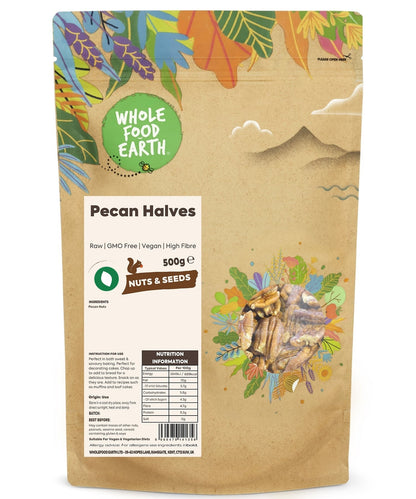 Raw Whole Food Earth pecan halves, GMO-free nuts and seeds, shown in a close-up image highlighting their natural, crunchy texture.