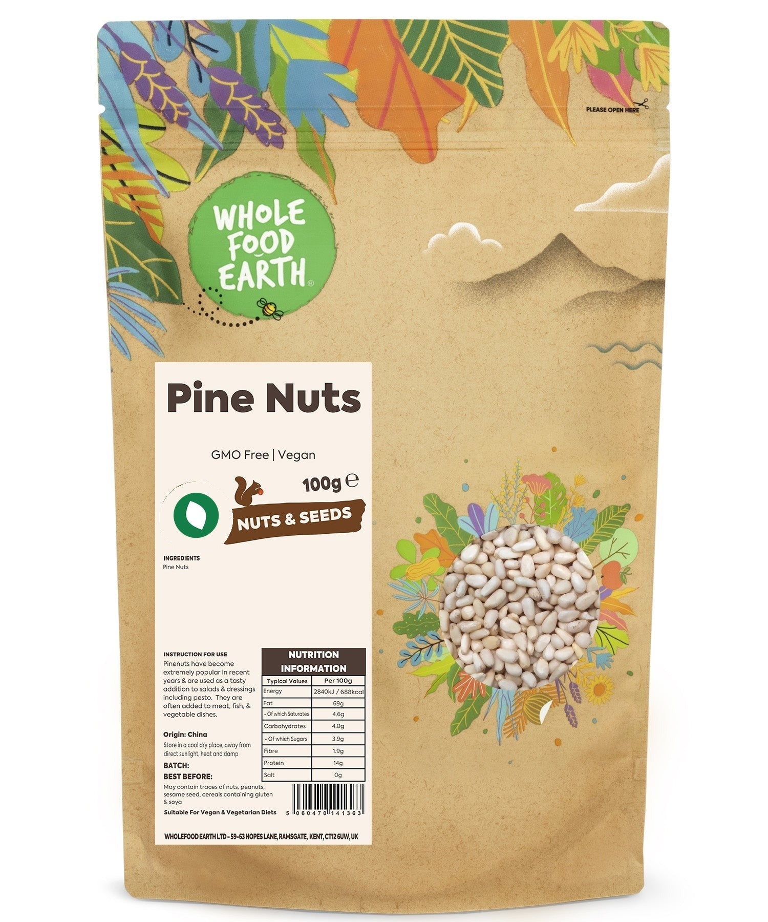 Whole Food Earth pine nuts, GMO-free nuts and seeds, showing a close-up of light tan pine nuts in a bowl.