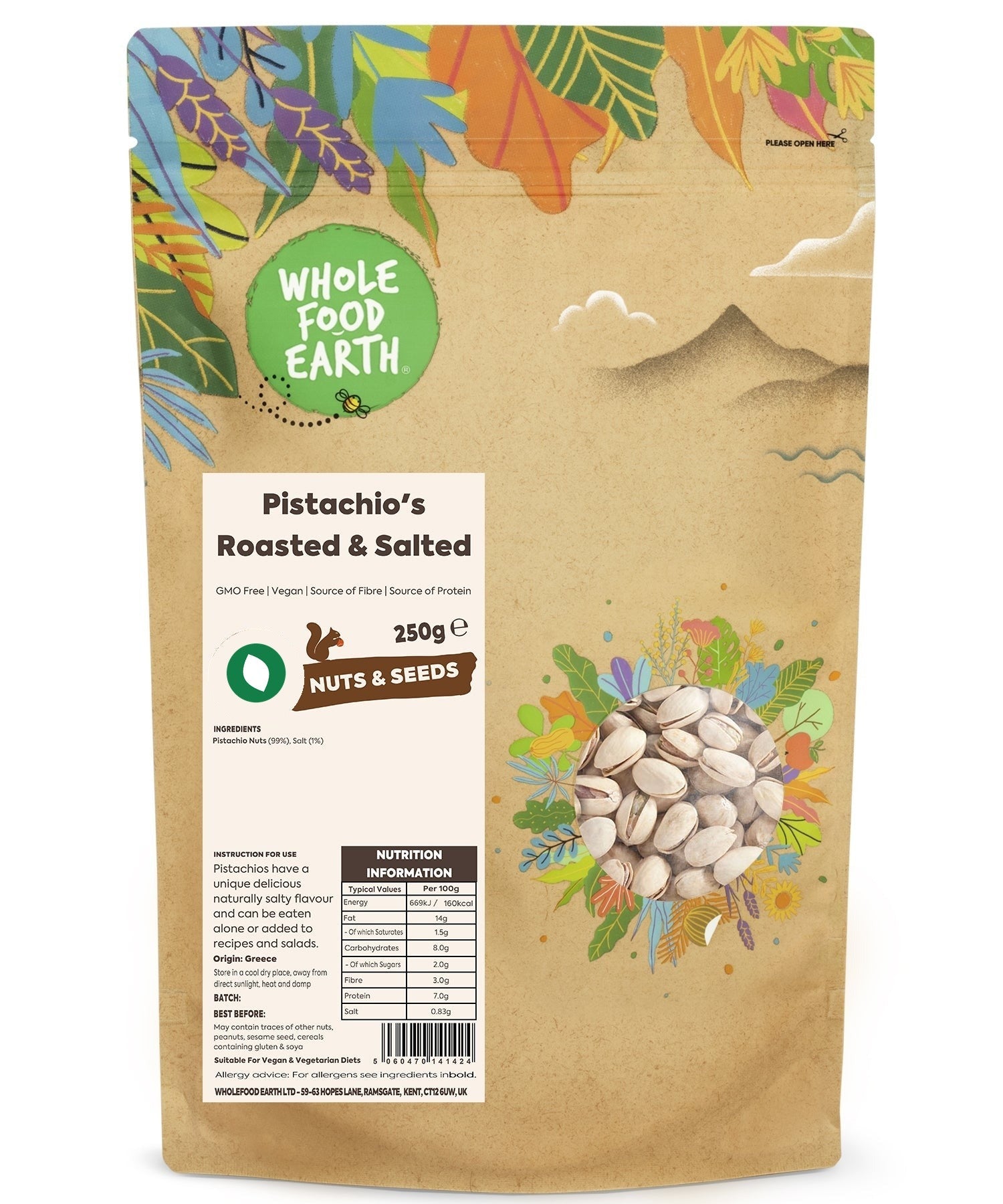 Roasted salted pistachios from Whole Food Earth, in a bowl, showcasing their green nuts and salted surface for a snack or ingredient.