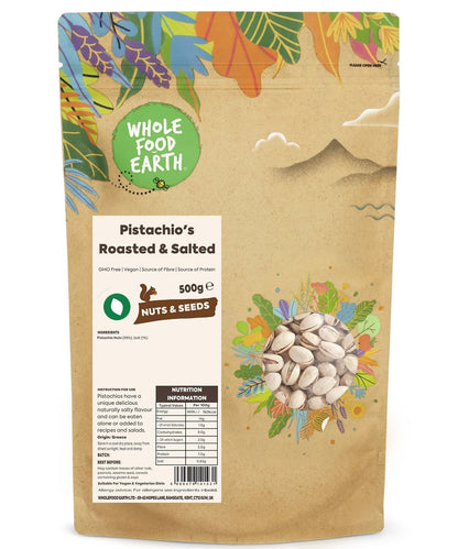 Roasted and salted pistachios in a bowl, Whole Food Earth Nuts & Seeds product, showing green and salted nut kernels.
