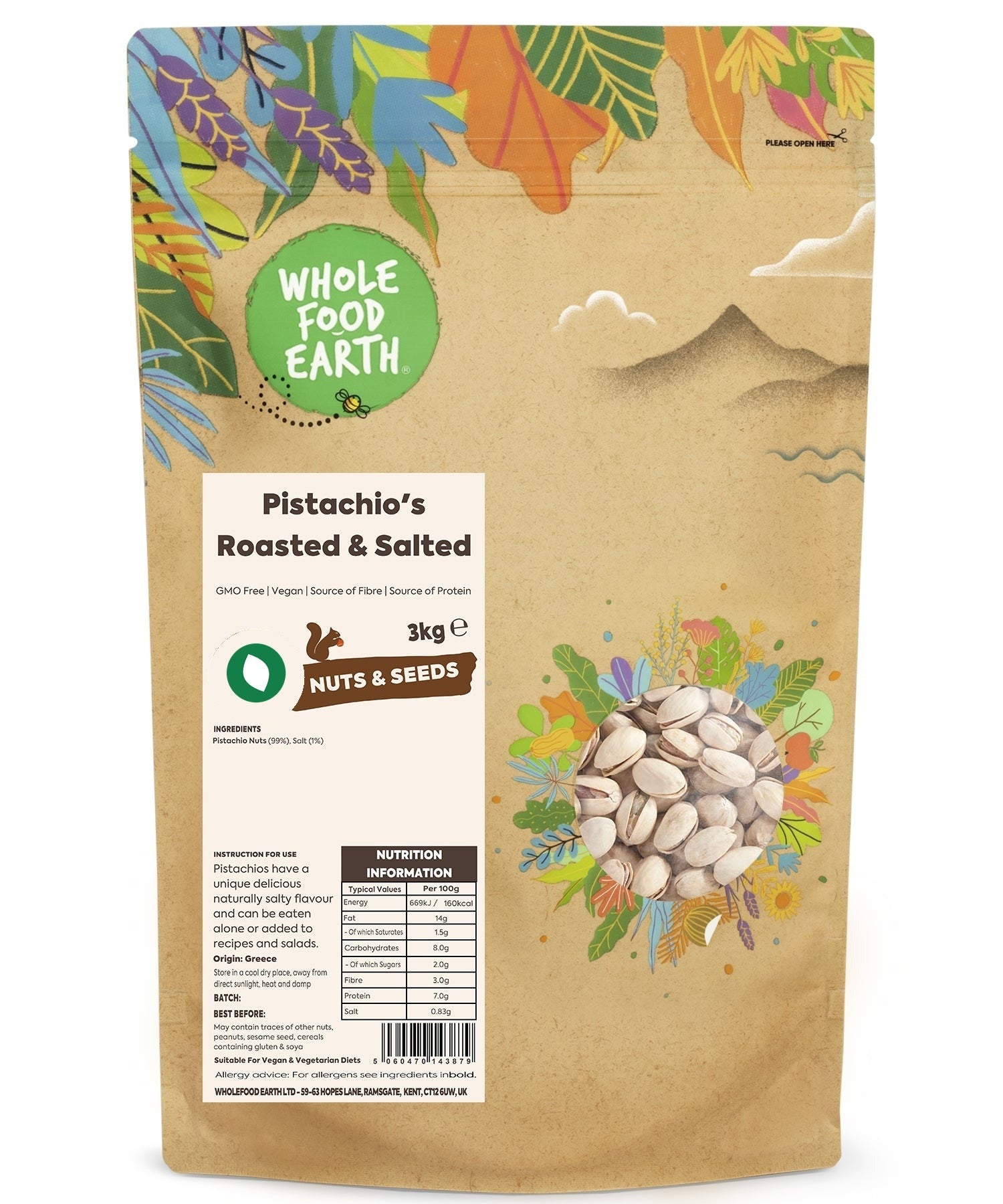 Roasted and salted pistachios from Whole Food Earth in a bowl, highlighting their crunchy texture and salted flavor.